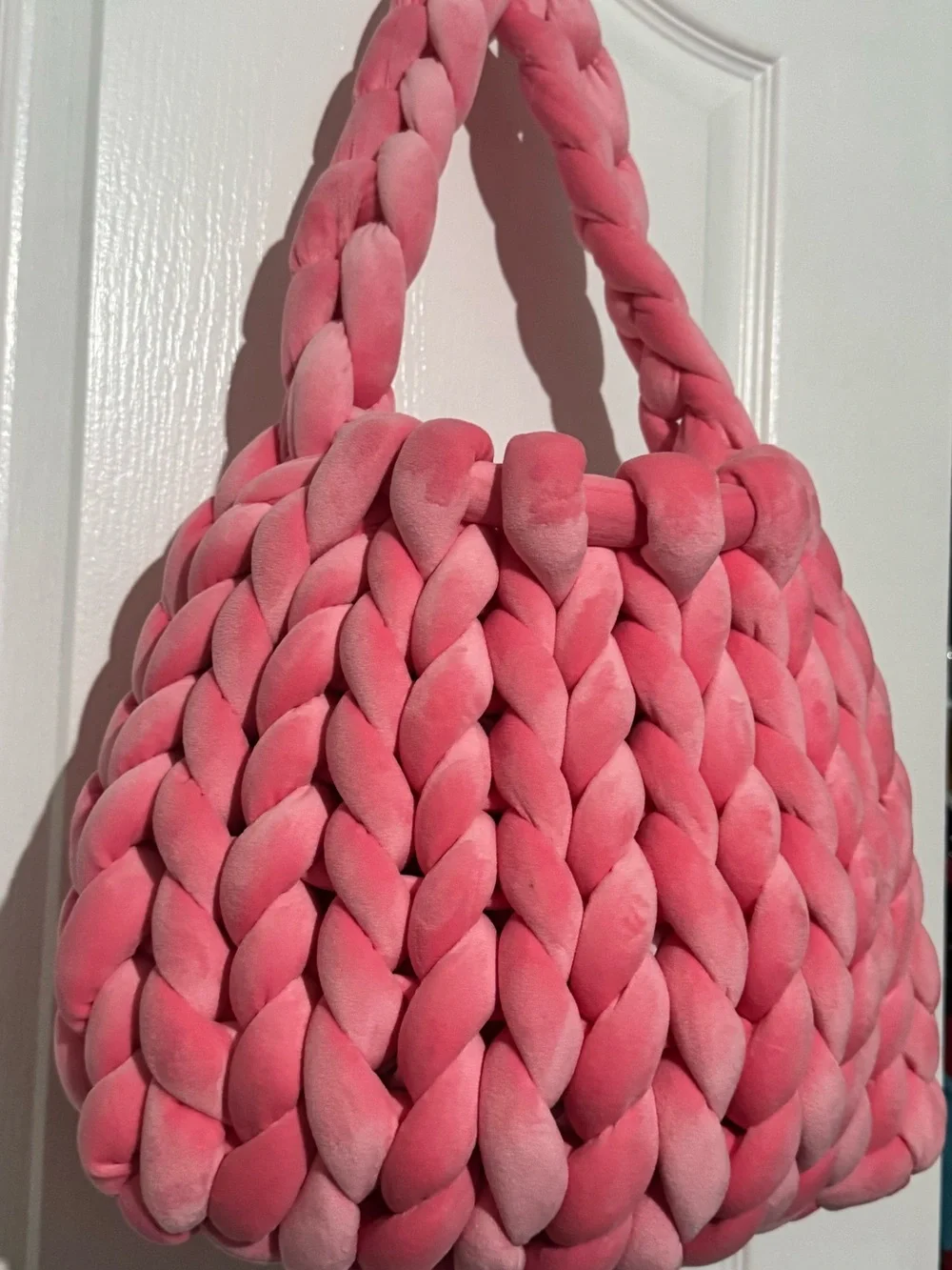 New Velour Handwoven Chunky Knit Pink Tote Bag